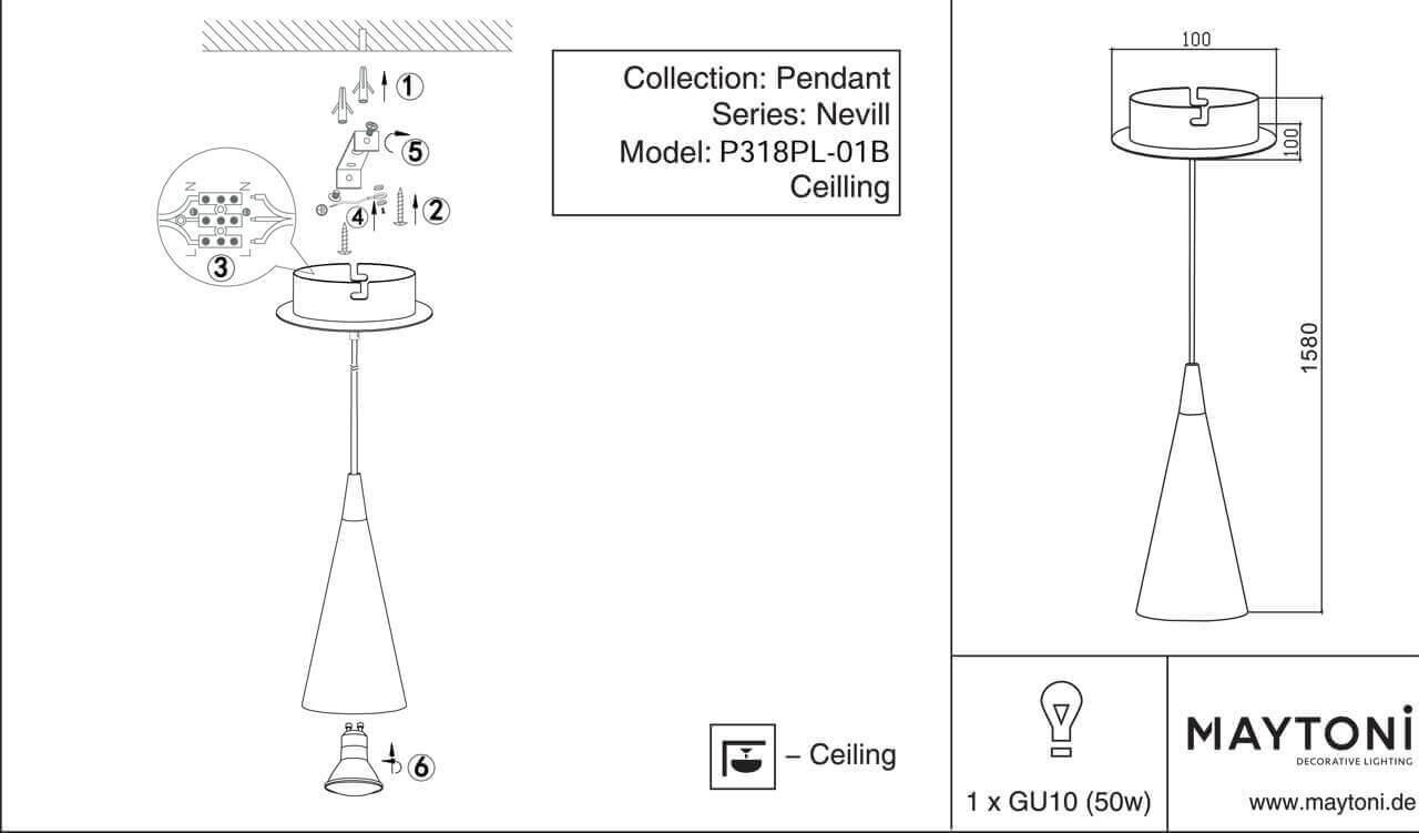 Картинка Подвесной светильник Maytoni Nevill P318PL-01B