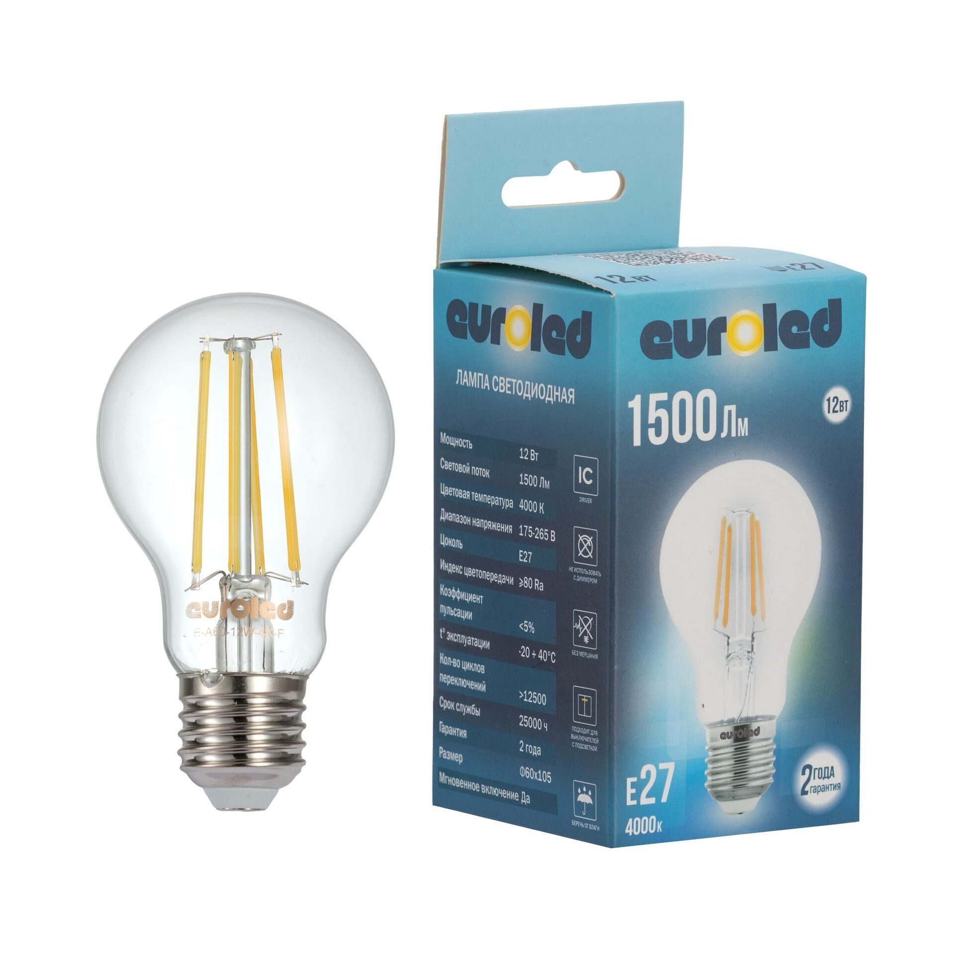 Картинка Лампа светодиодная Euroled A60 12W 4000K E27 прозрачная
