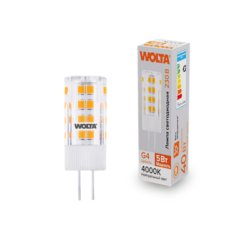 "Светодиодная лампа  WOLTA WSTD-JC-220V5W4KG4-C (керамика) ""Капсульная"" JC 5Вт 460лм 4000K G4 1/10/100/1000" купить в Алматы svet.kz