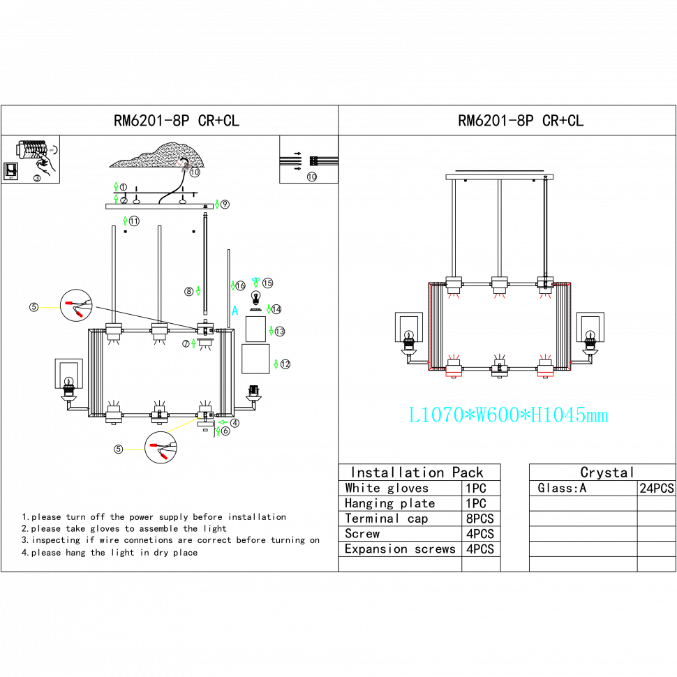 Картинка Светильник подвесной iLamp King RM6201-8P CR+CL