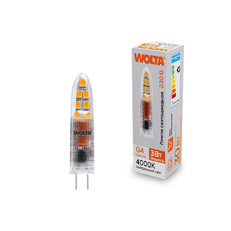 Светодиодная лампа  WOLTA WSTD-JC-220V3W4KG4-P (пластик) ""Капсульная"" JC 3Вт 240лм 4000K G4 1/10/100/1000" купить в Алматы svet.kz