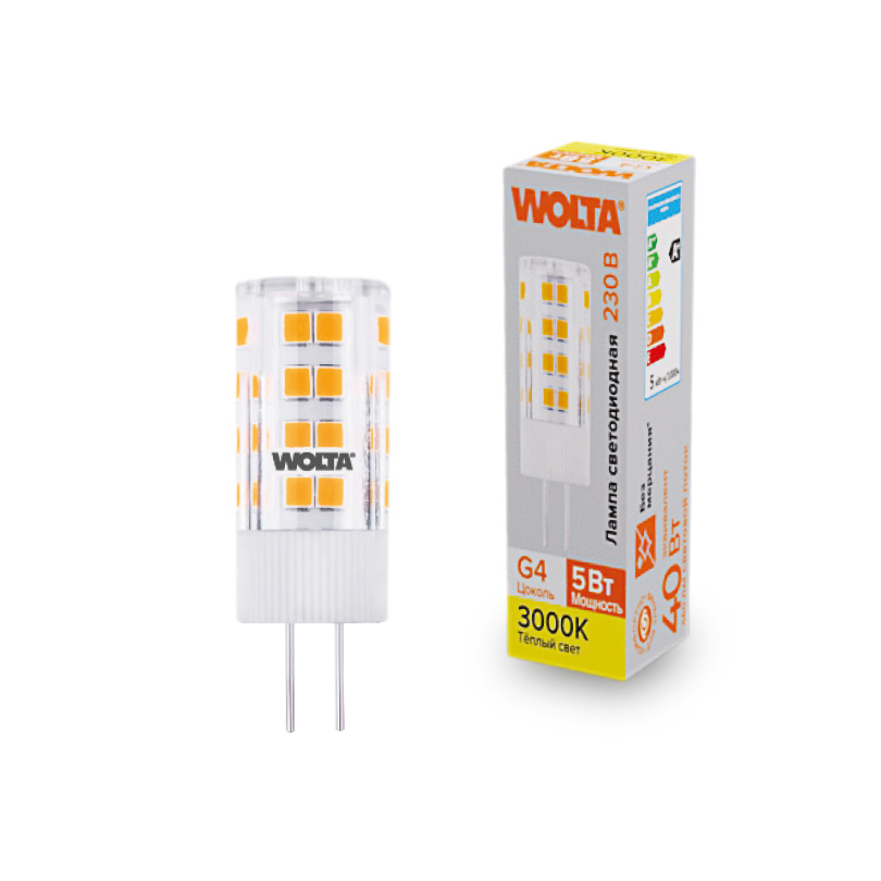 "Светодиодная лампа  WOLTA WSTD-JC-220V5W3KG4-C (керамика) ""Капсульная"" JC 5Вт 460лм 3000K G4 1/10/100/1000" купить в Алматы svet.kz