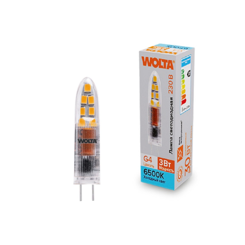 "Светодиодная лампа  WOLTA WSTD-JC-220V3W6KG4-P (пластик)  ""Капсульная"" JC 3Вт 240лм 6500K G4 1/10/100/1000" купить в Алматы svet.kz